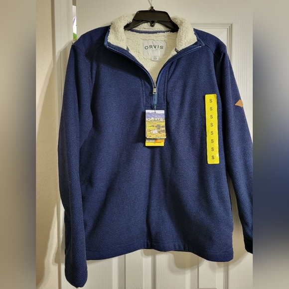 NWT•Orvis Men's Navy Blue Fleece Lined 1/4 Zip Pullover•Handwarmer Pockets•Small - Picture 3 of 9